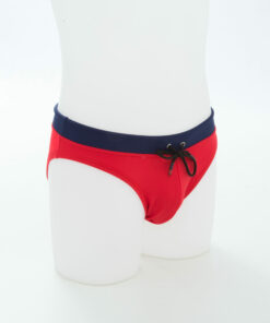 Side view of red and navy Bondi swim trunks.